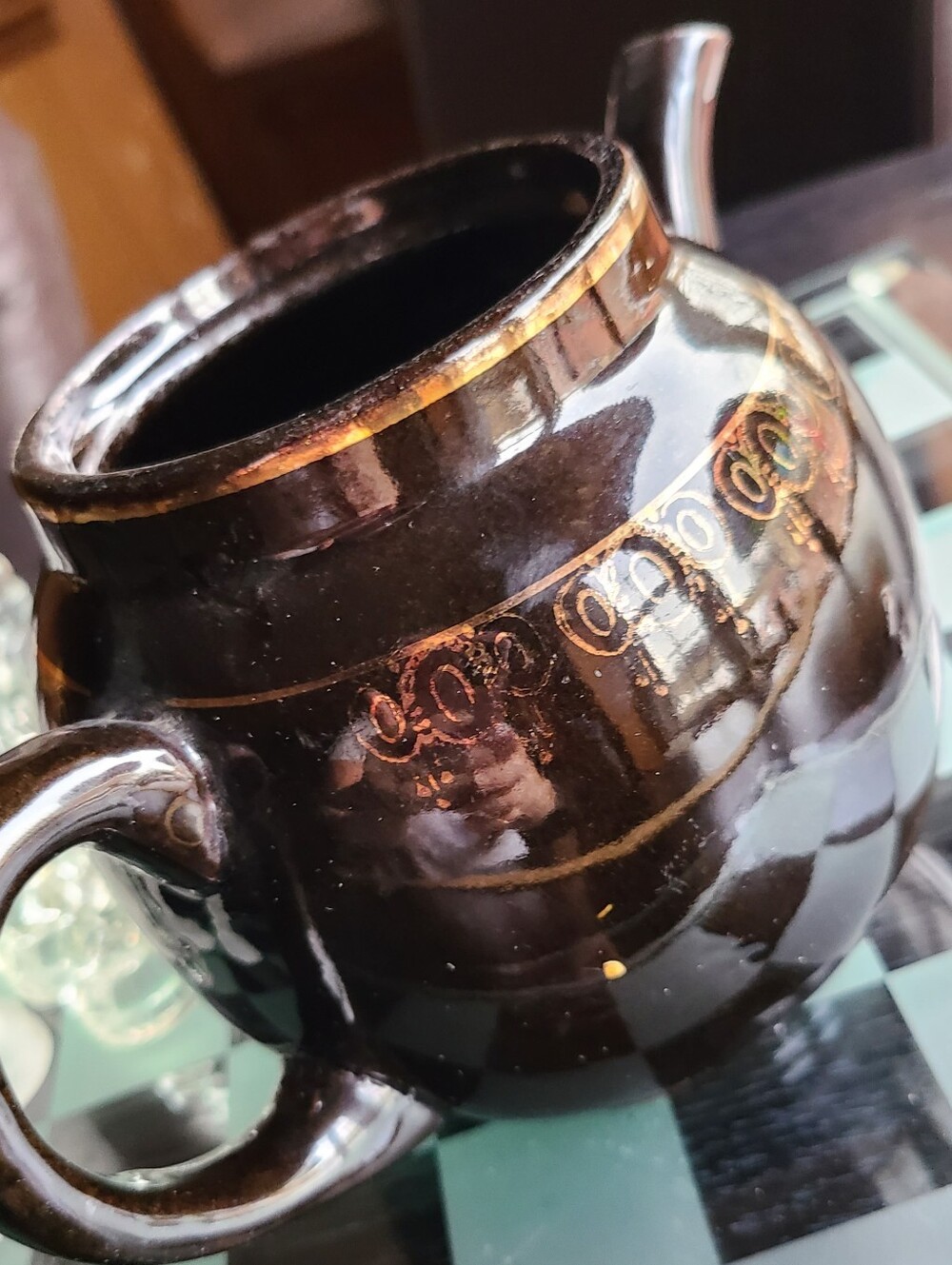 Ceramic Decorative Teapot - Dark Brown with Gold Accent Planter